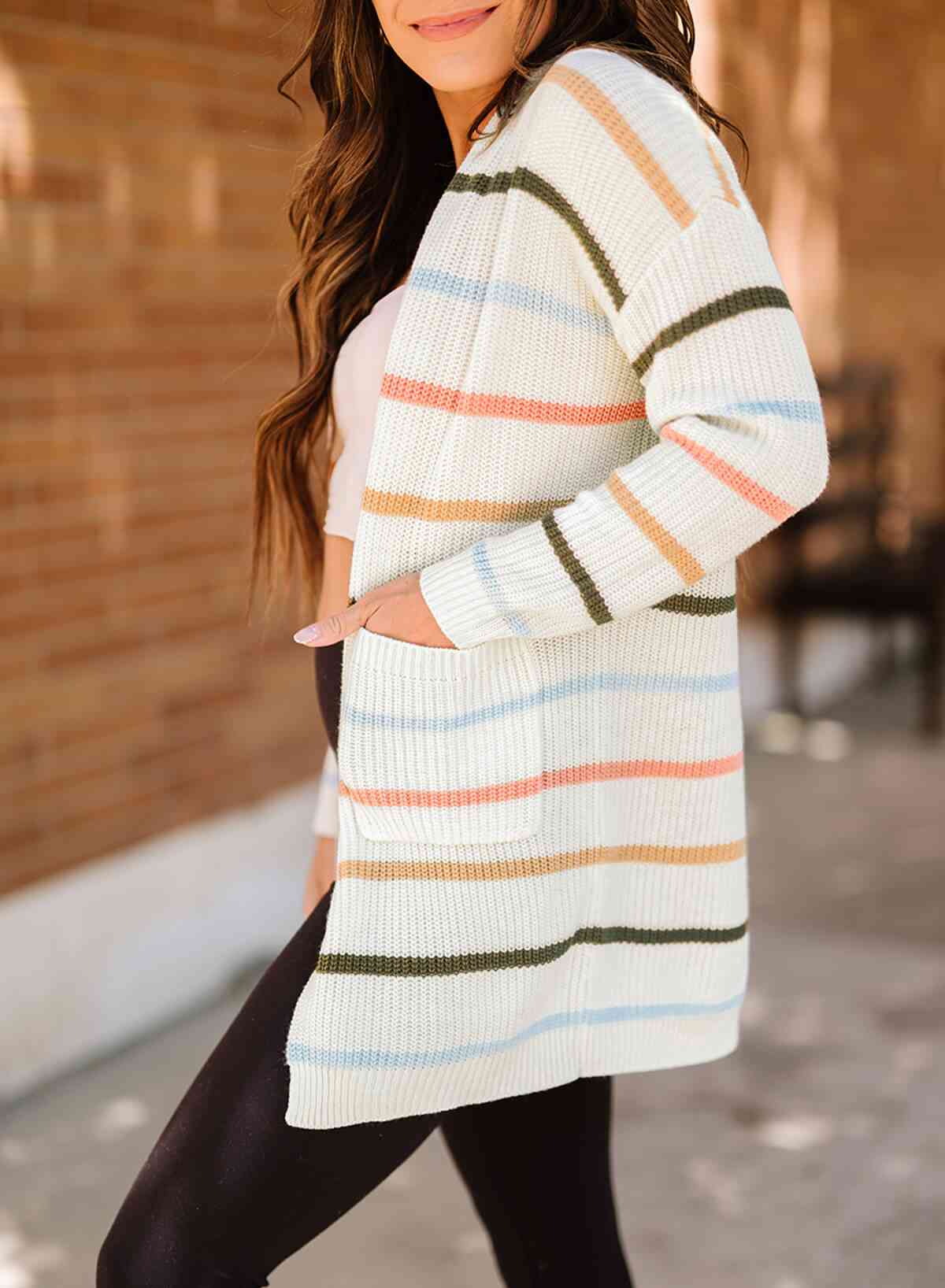 Woven Right Striped Rib-Knit Open Front Pocketed Cardigan