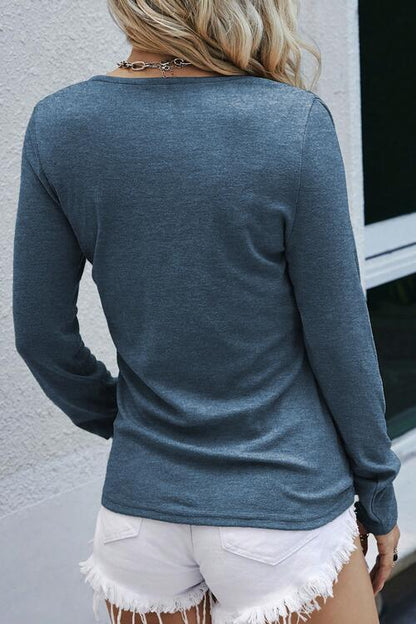 Half Snap Round Neck Long Sleeve T-Shirt