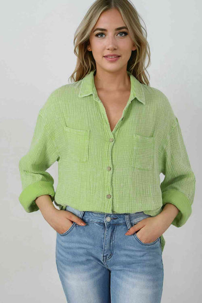 Mineral Wash Crinkle Textured Chest Pockets Shirt