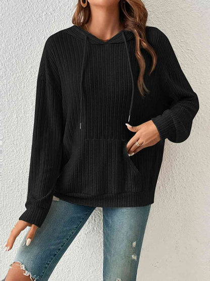 Ribbed Dropped Shoulder Drawstring Hoodie - Create the impossible