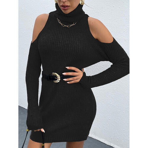 Cold Shoulder Turtleneck Sweater Dress