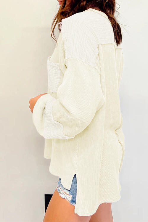 Waffle-Knit Exposed Seam Lantern Sleeve Blouse - Create the impossible