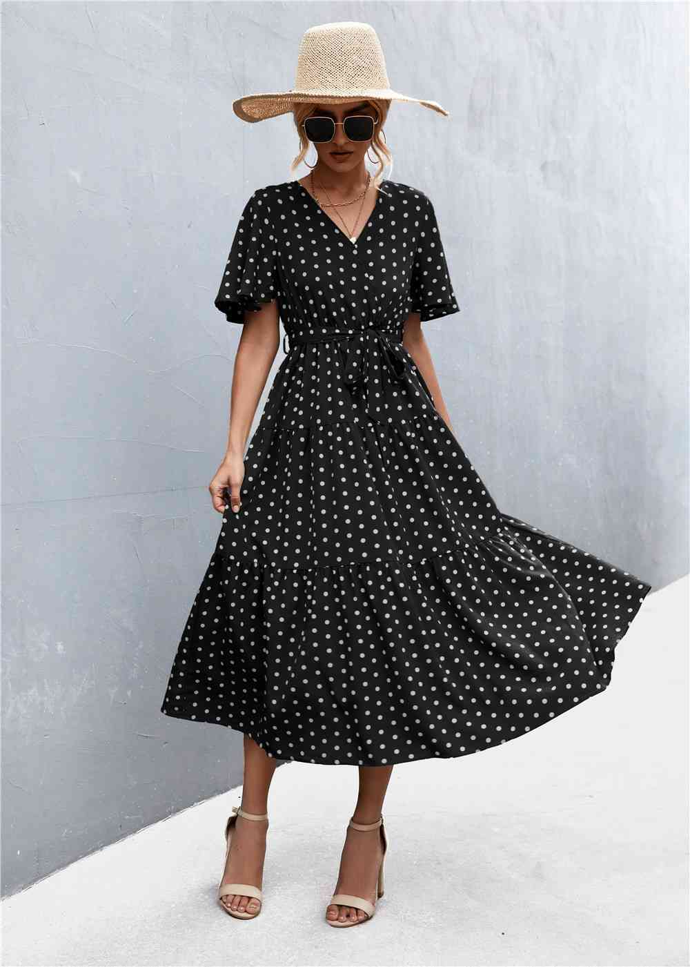 Printed V-Neck Flutter Sleeve Belted Dress - Create the impossible