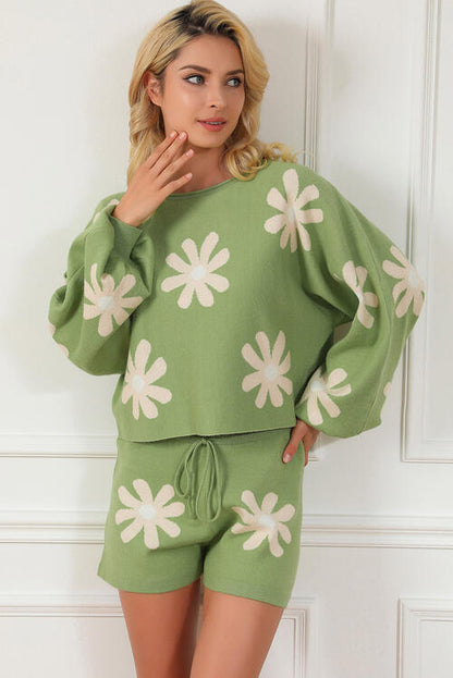 Flower Pattern Long Sleeve Sweater and Drawstring Shorts Set