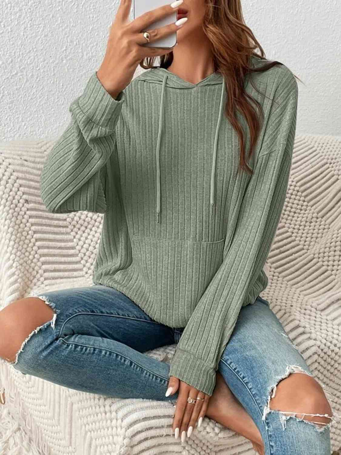Ribbed Dropped Shoulder Drawstring Hoodie - Create the impossible