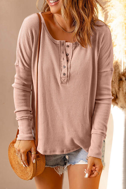 Waffle Knit Henley Long Sleeve Top - Create the impossible