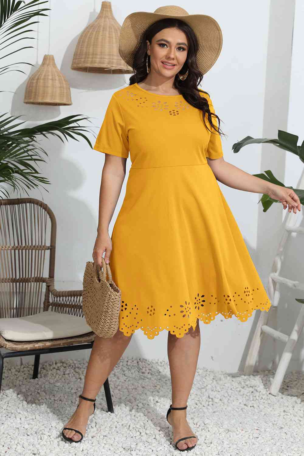 Plus Size Round Neck Openwork Dress