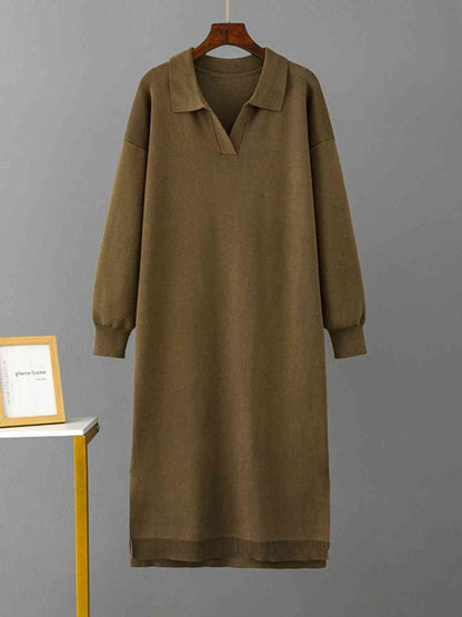 Johnny Collar Long Sleeve Slit Sweater Dress