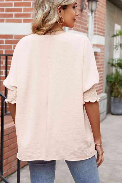 Round Neck Smocked Lantern Sleeve Blouse - Create the impossible