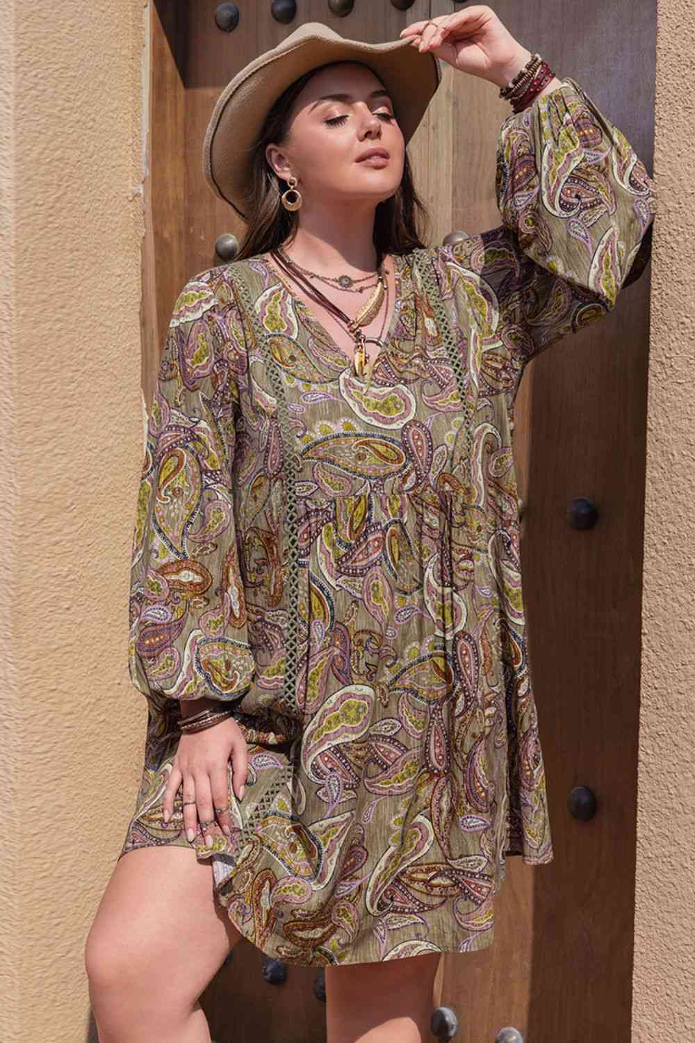 Plus Size Printed V-Neck Long Sleeve Midi Dress