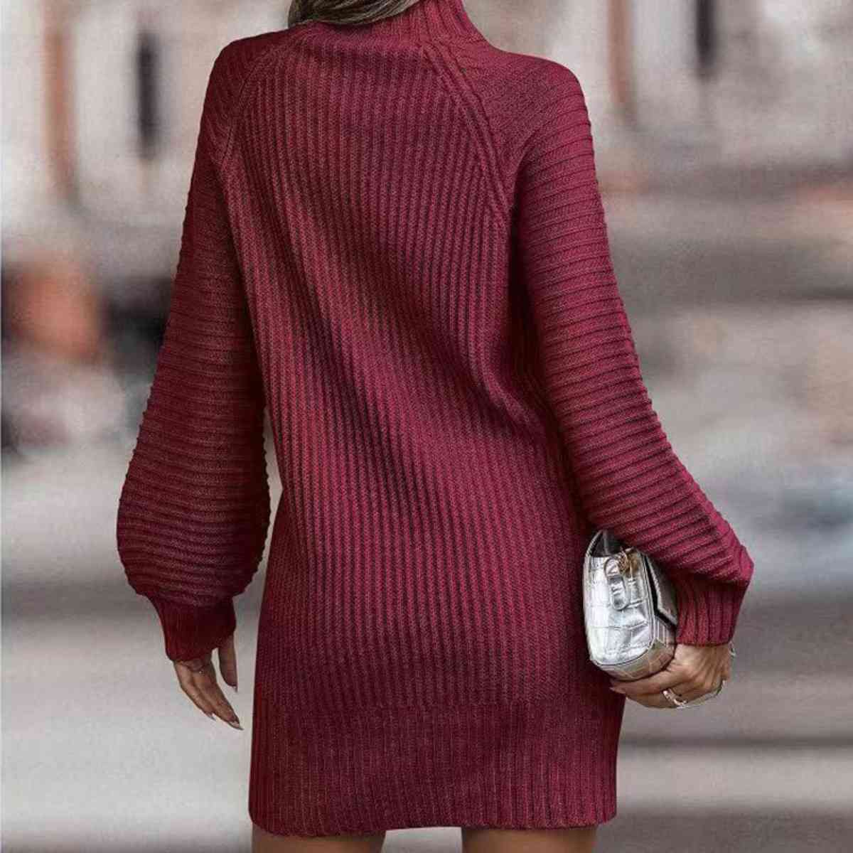 Mock Neck Lantern Sleeve Sweater Dress