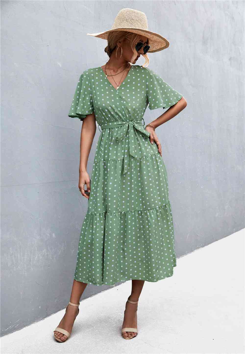 Printed V-Neck Flutter Sleeve Belted Dress - Create the impossible