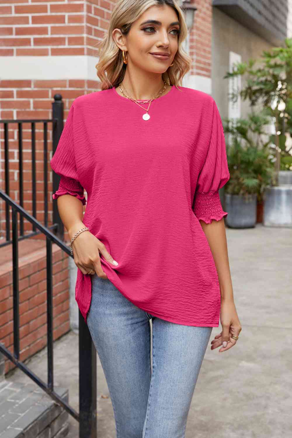 Round Neck Smocked Lantern Sleeve Blouse - Create the impossible