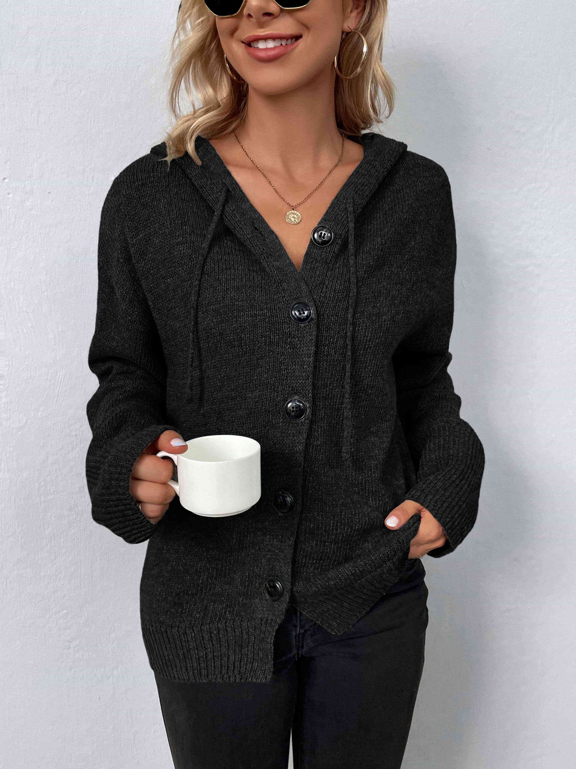 Button-Down Long Sleeve Hooded Sweater - Create the impossible