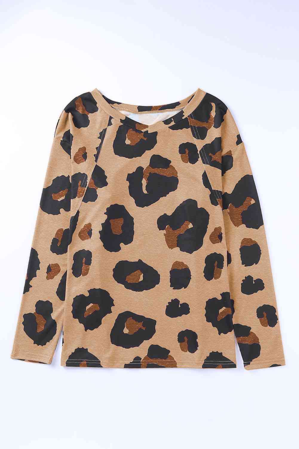 Full Size Leopard Print Round Neck Long Sleeve Tee