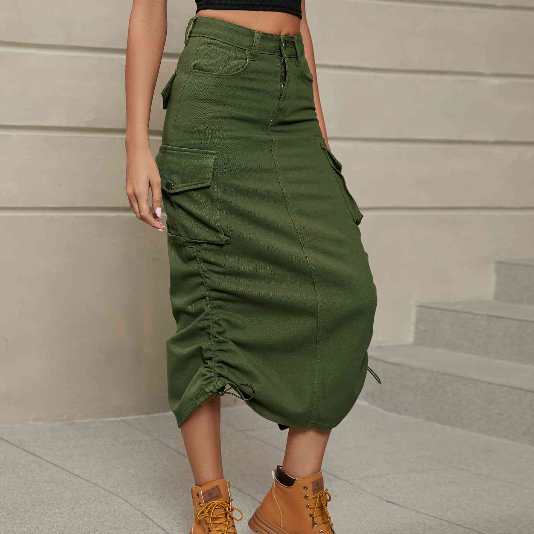 Drawstring Ruched Slit Denim Midi Skirt - Create the impossible