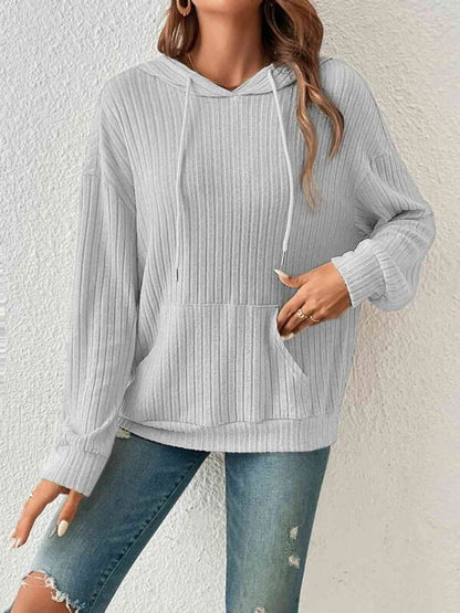 Ribbed Dropped Shoulder Drawstring Hoodie - Create the impossible