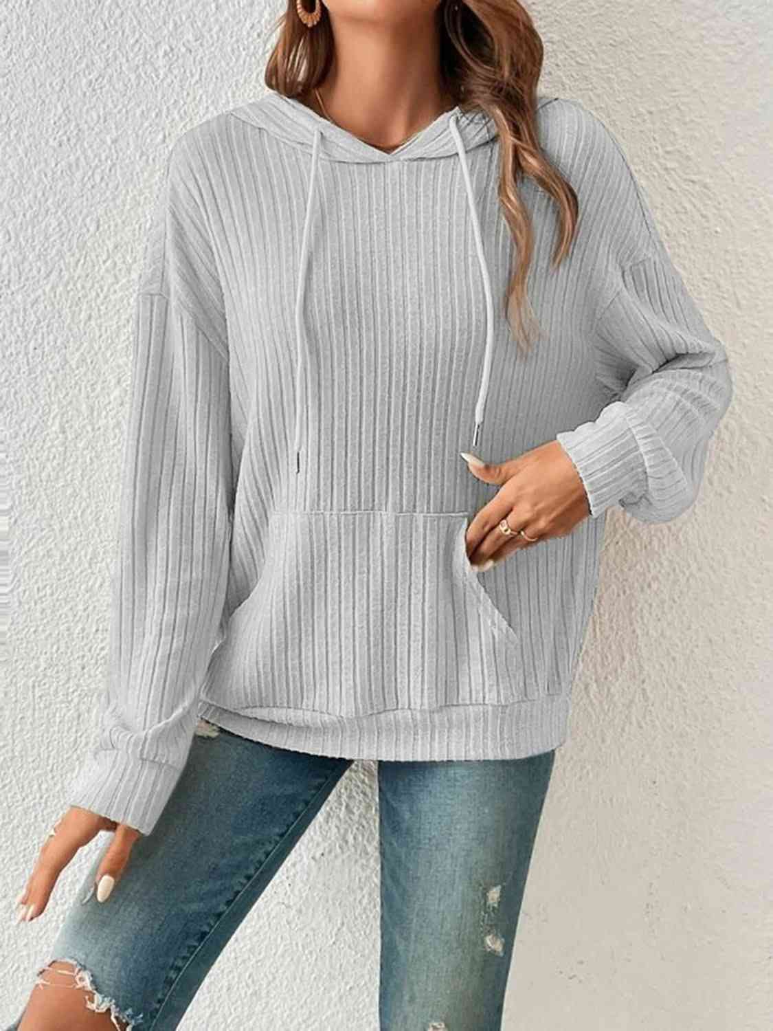 Ribbed Dropped Shoulder Drawstring Hoodie - Create the impossible