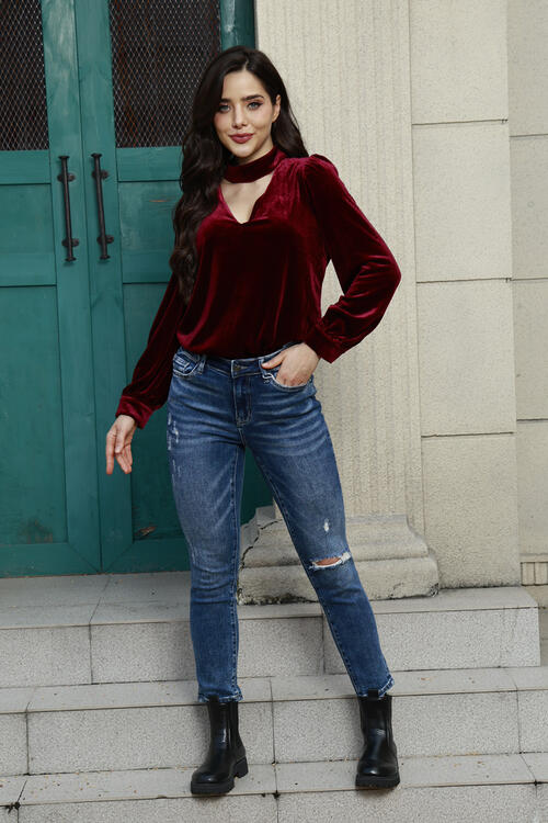 Cutout Puff Sleeve Velvet Blouse - Create the impossible