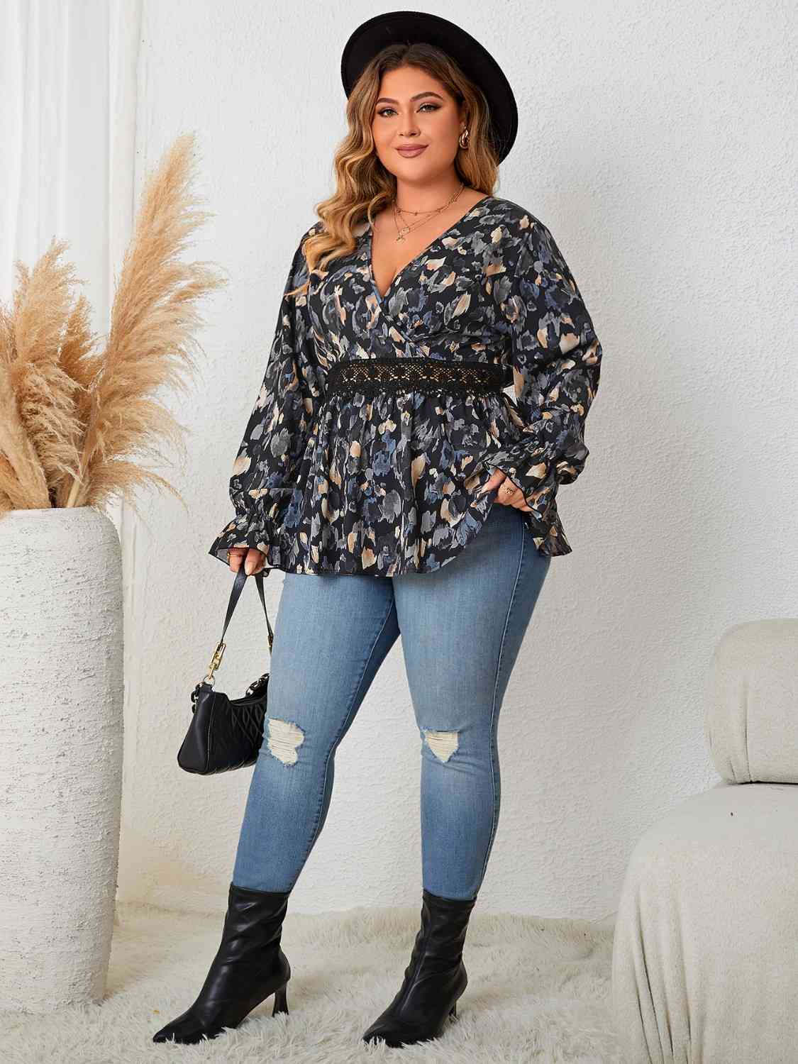 Plus Size Surplice Neck Flounce Sleeve Blouse