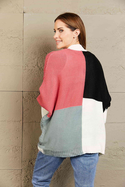 Woven Right Color Block Cable-Knit Batwing Sleeve Cardigan