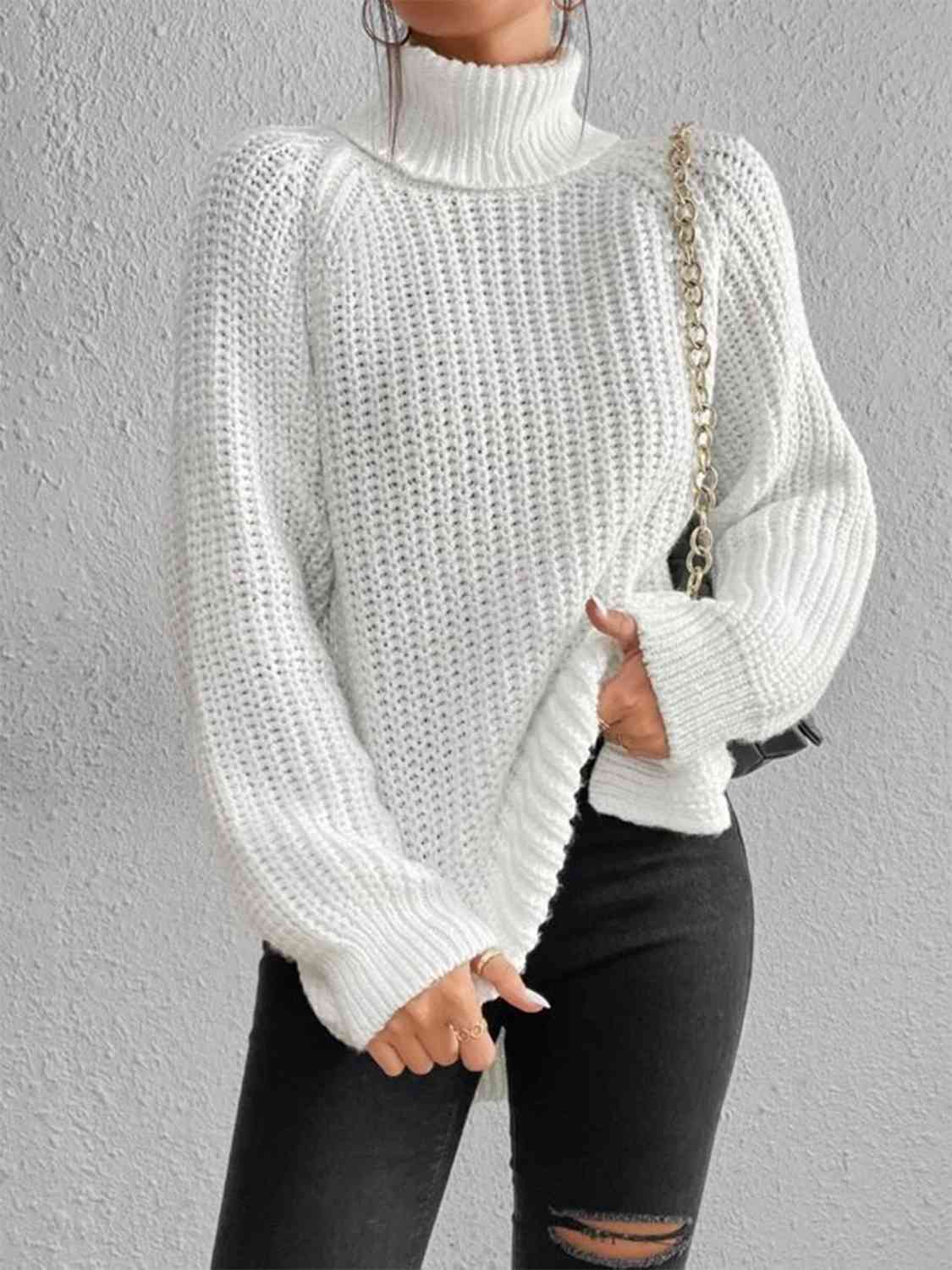 Full Size Turtleneck Rib-Knit Slit Sweater - Create the impossible