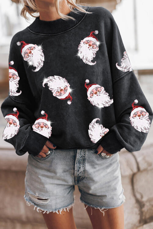 Sequin Santa Round Neck Drop Shoulder Sweatshirt - Create the impossible