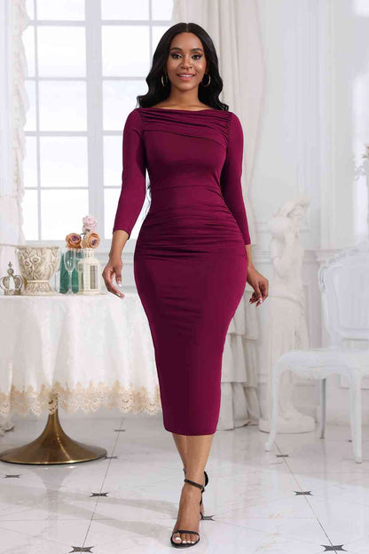 Ruched Boat Neck Midi Dress