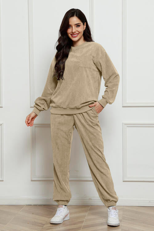 Corduroy Round Neck Sweatshirt and Sweatpants Set - Create the impossible